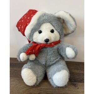 Vintage Christmas Gray Mouse 12" Plush Holiday Scarf Hat Fun World